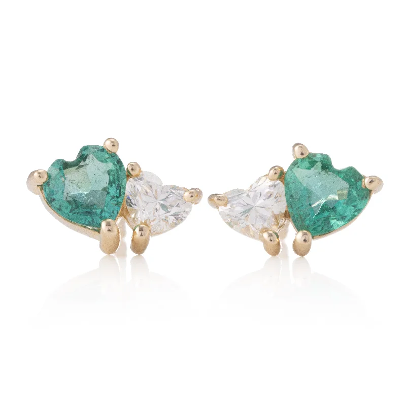 Hoop earrings with colorful beads for a fun and playful vibe-Heart Shaped Emerald and Diamond Studs