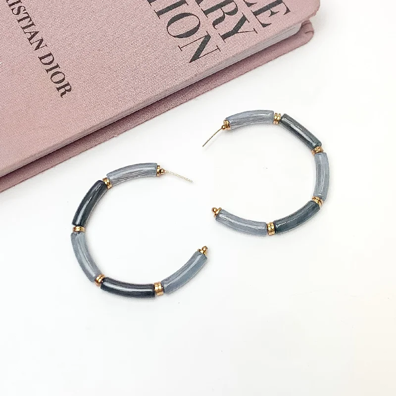 Hoop earrings with resin accents for a bold and colorful design-Island Style Tube Beaded Hoop Earrings in Gray