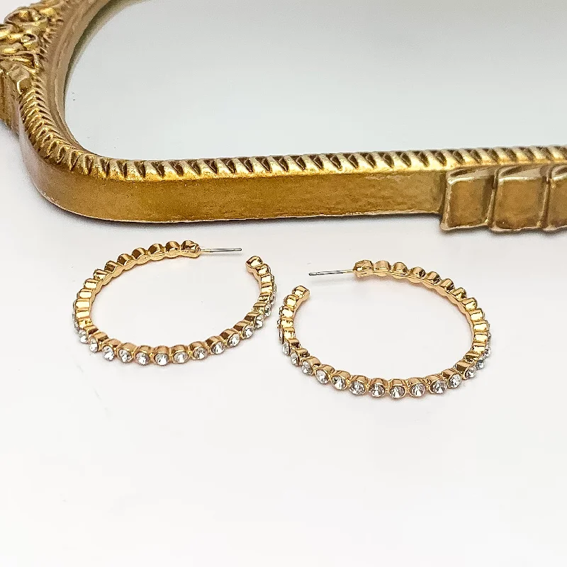 Best hoop earrings with minimal embellishments for a sleek and modern look-Large Gold Tone Hoop Earrings Outlined in Clear Crystals