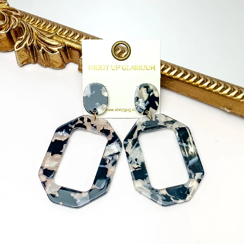 Lightweight hoop earrings for comfortable and all-day wear-Malibu Marble Open Rectangle Earrings in Black