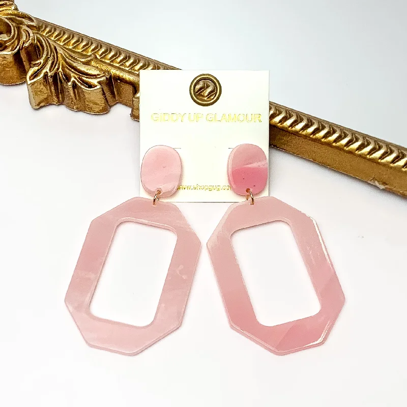 Hoop earrings with braided patterns for a detailed and textured finish-Malibu Marble Open Rectangle Earrings in Light Pink