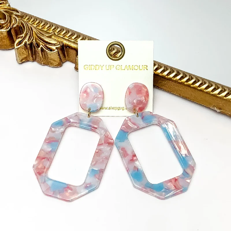 Hoop earrings with pearl accents for a chic and classic style-Malibu Marble Open Rectangle Earrings in Pink and Blue