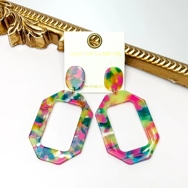 Hoop earrings with diamond-cut surfaces for added sparkle and shine-Malibu Marble Open Rectangle Earrings in Pink and Green Multicolor