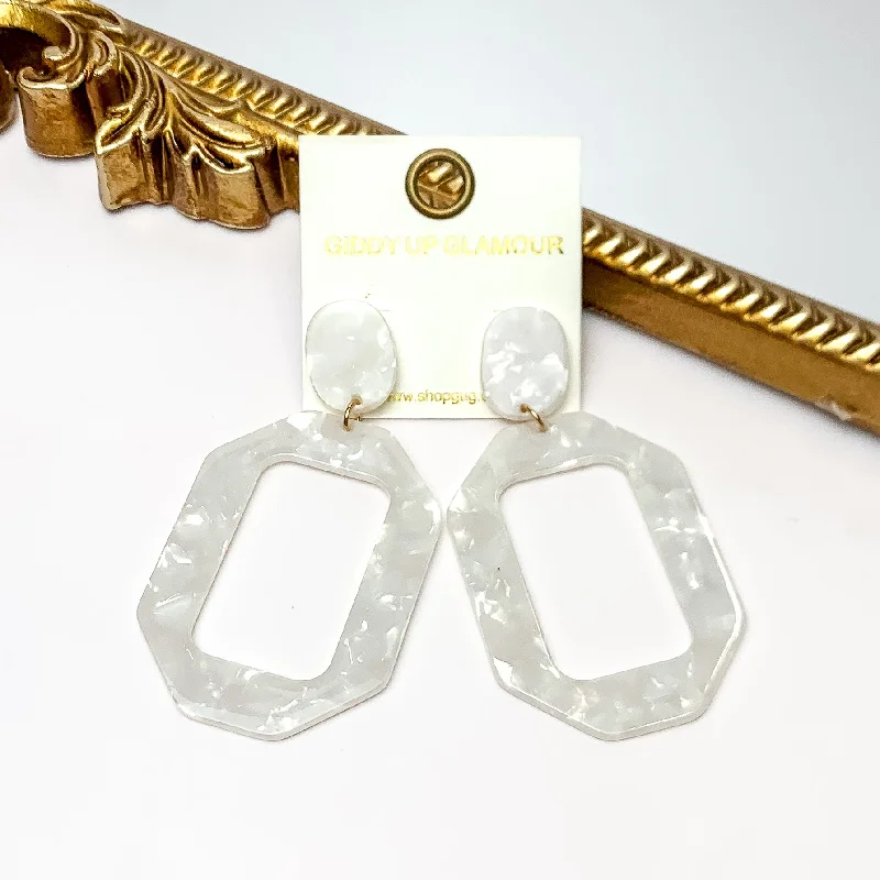 Hoop earrings with dangling charms for a playful and fun look-Malibu Marble Open Rectangle Earrings in White