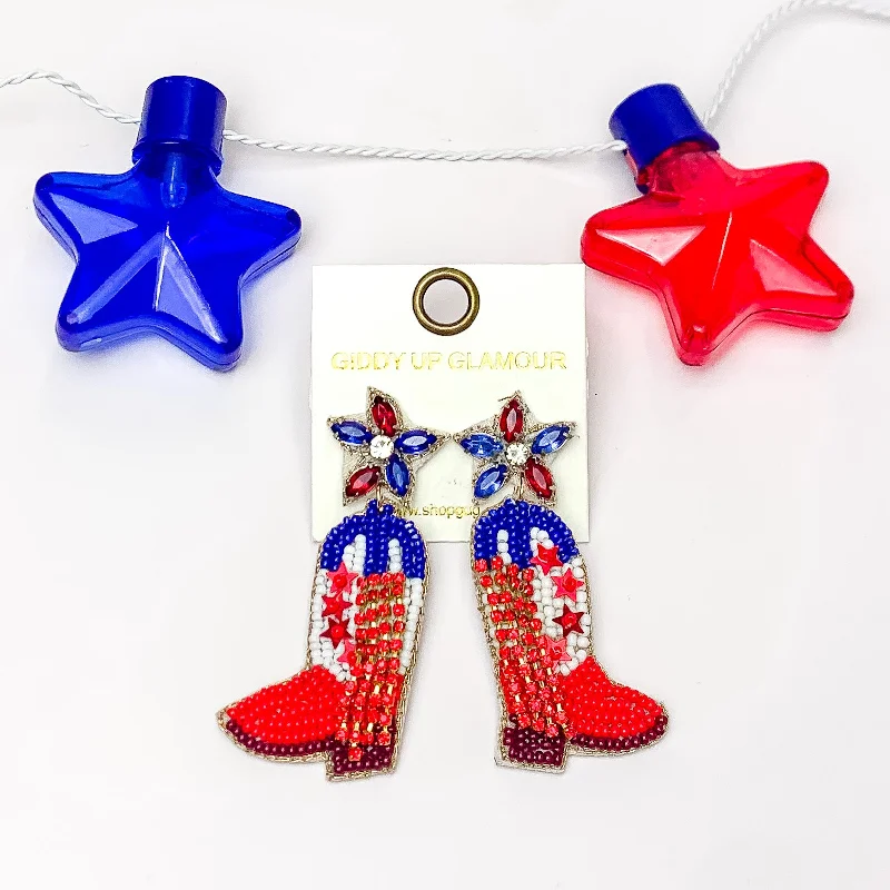 Best hoop earrings with lever-back closures for secure and easy wear-Patriotic Beaded Boot Earrings with Blue and Red Crystals