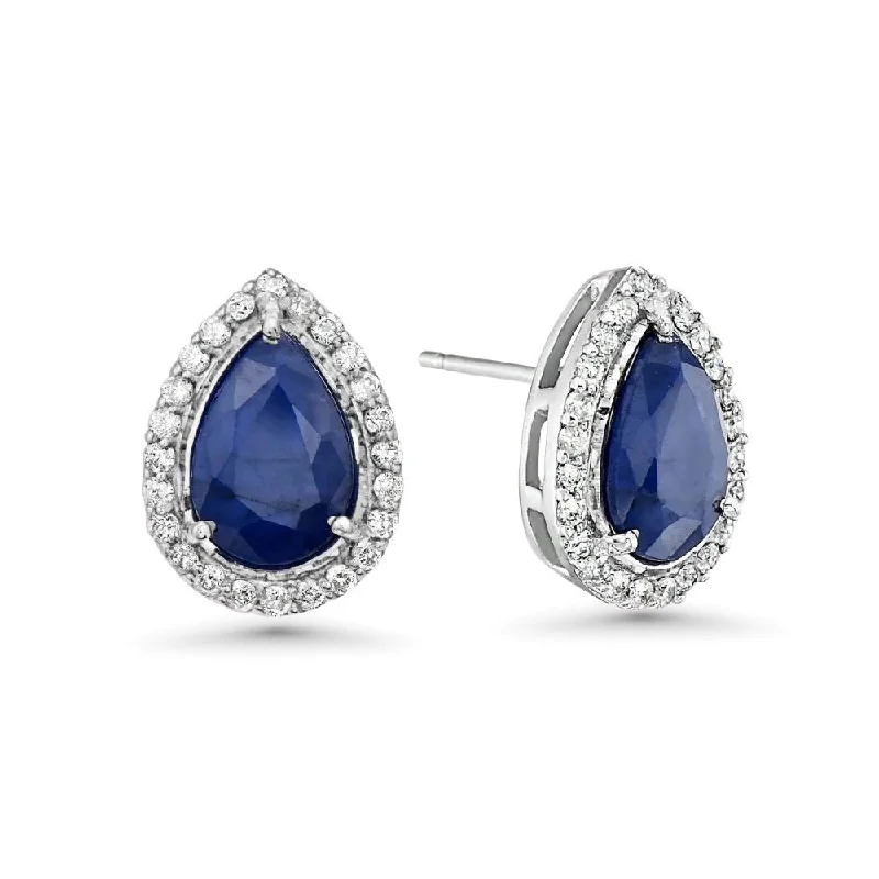 Best hoop earrings with crescent-shaped designs for a bold, moon-inspired style-Pear Shape Blue Sapphire With Halo Diamond Studs Earrings (1.20 ct.) in 14K Gold