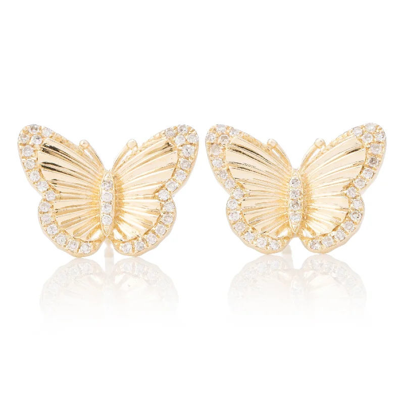 Best hoop earrings with blackened metal for an edgy and bold appearance-Pleated Double Diamond Trim Butterfly Studs