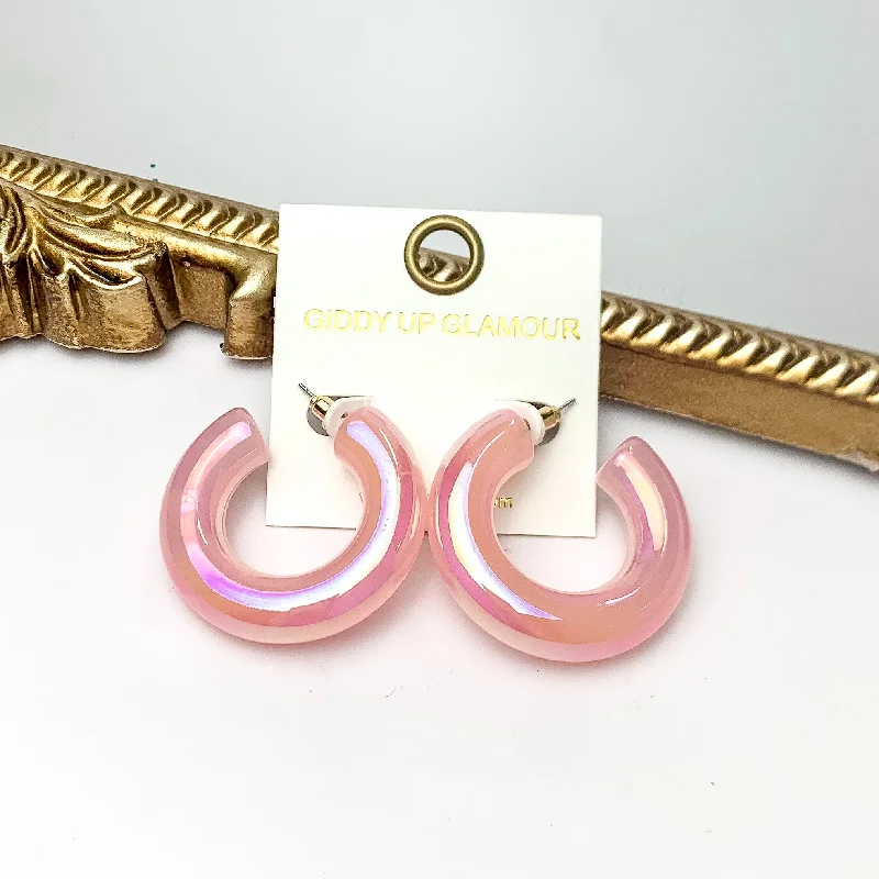 Best hoop earrings with custom engravings for a personalized and meaningful gift-Rainbow Hour Iridescent Chunky Hoop Earrings in Pink