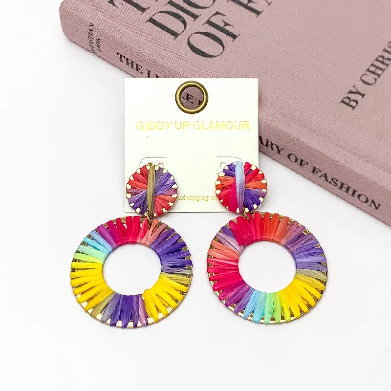 Best hoop earrings with turquoise stones for a bohemian-inspired vibe-Rainbow Sunshine Raffia Wrapped Open Circle Earrings in Multicolor