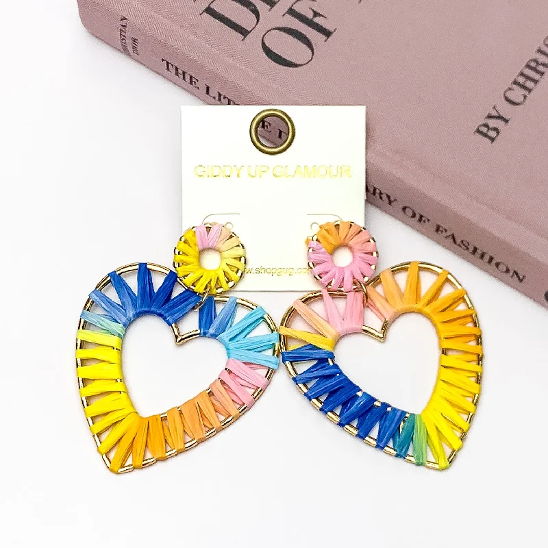 Best hoop earrings with lever-back closures for secure and easy wear-Rainbow Sunshine Raffia Wrapped Open Heart Earrings in Multicolor