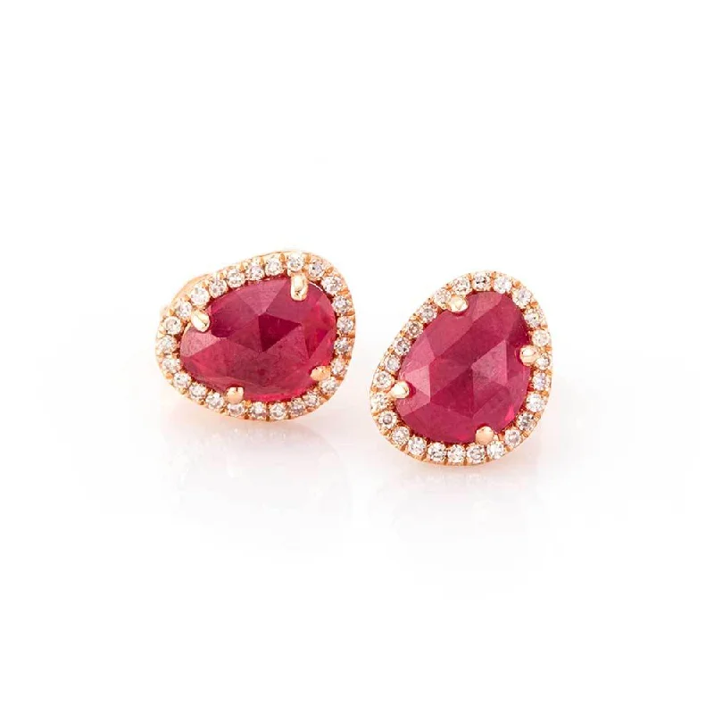 Hoop earrings with floral motifs for a feminine and nature-inspired look-Raw Cut Ruby Studs