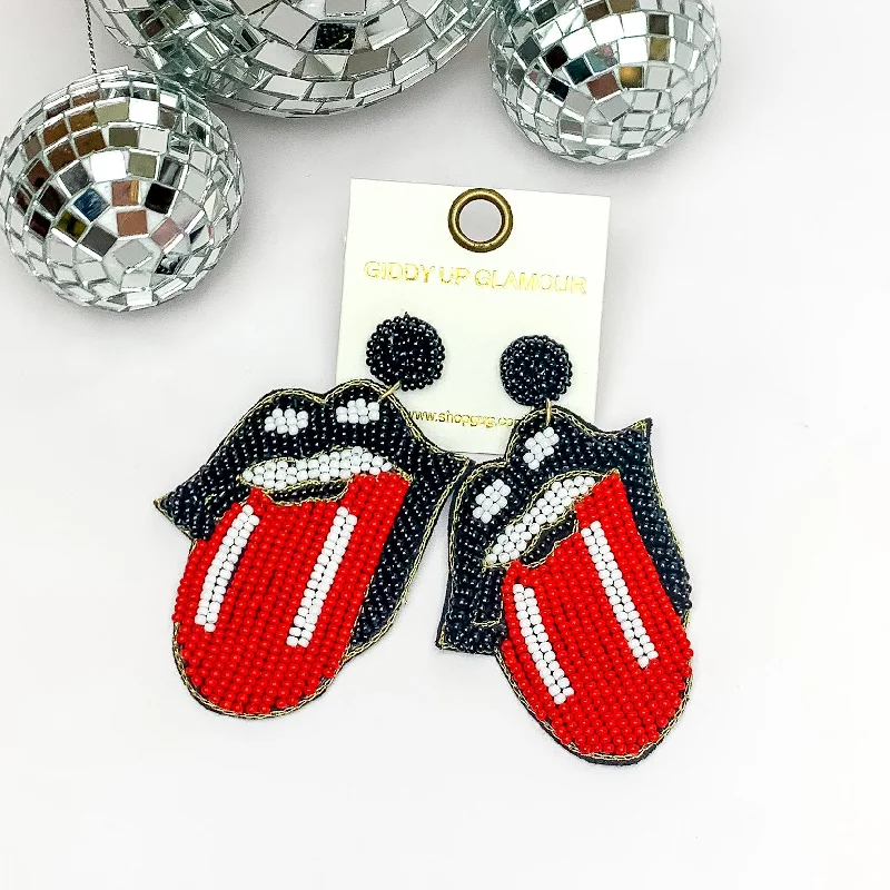 Best hoop earrings with turquoise stones for a bohemian-inspired vibe-Seed Beaded Lip and Tongue Post Earrings in Black