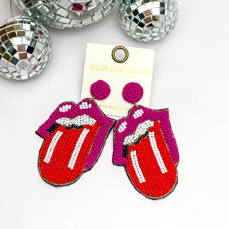 Hoop earrings with textured finishes for a vintage and classic style-Seed Beaded Lip and Tongue Post Earrings in Fuchsia Pink