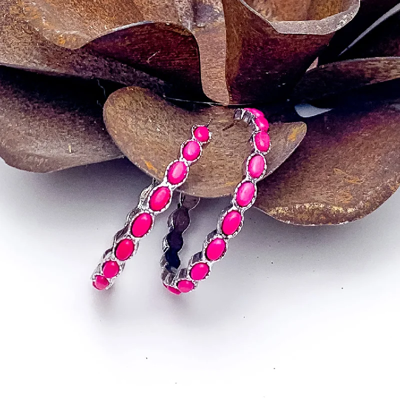 Best hoop earrings with asymmetrical designs for a fashion-forward, avant-garde look-Silver Hoop Earrings with Fuchsia Pink Stones