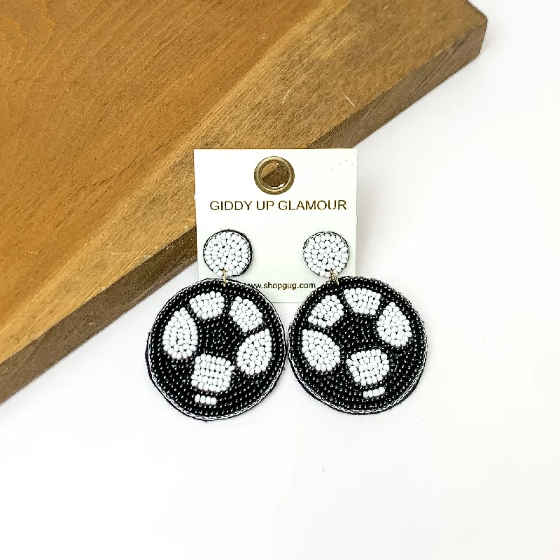 Best hoop earrings with geometric pendants for a modern, chic appeal-Soccer Ball Circular Beaded Earrings in Black