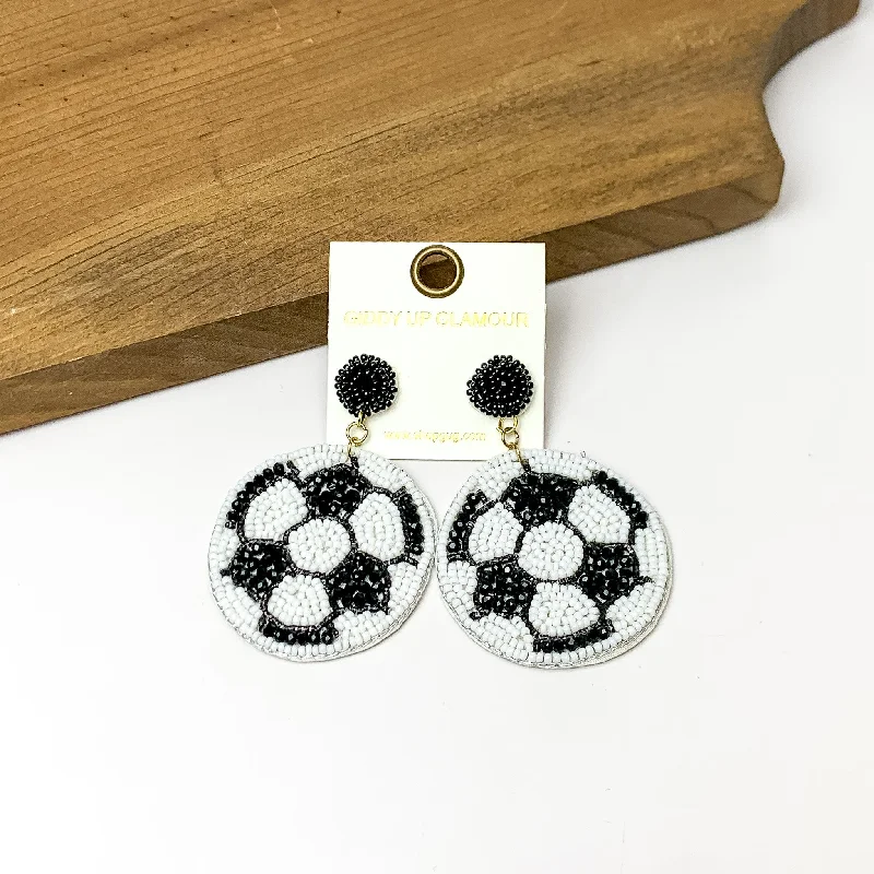 Best hoop earrings with geometric cuts for a sharp, modern appeal-Soccer Ball Circular Beaded Earrings in White