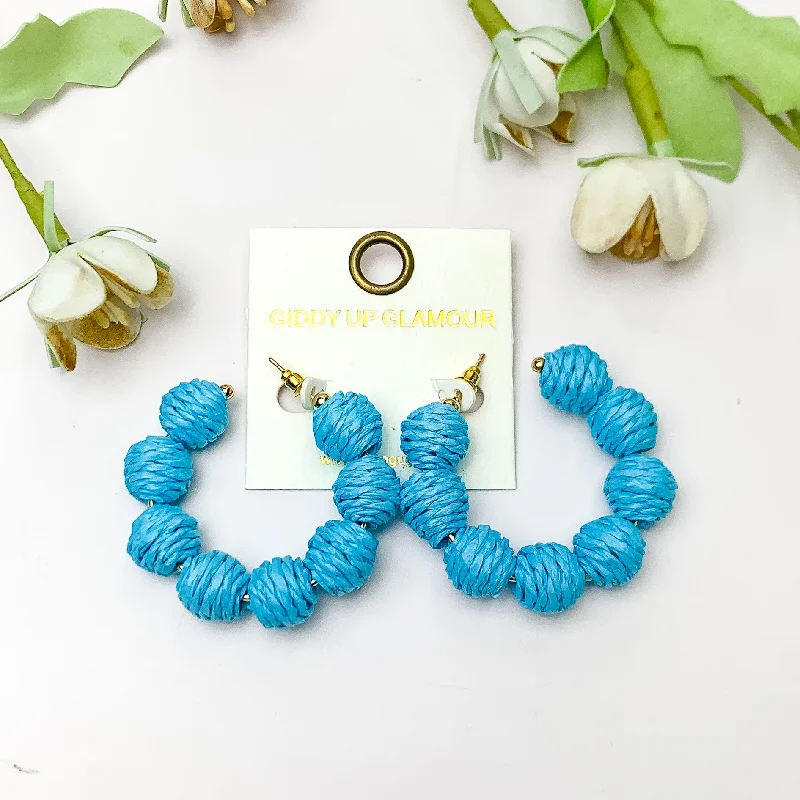 Best hoop earrings with geometric hexagon shapes for a modern, angular look-Sorbet Summer Raffia Ball Hoop Earrings in Blue