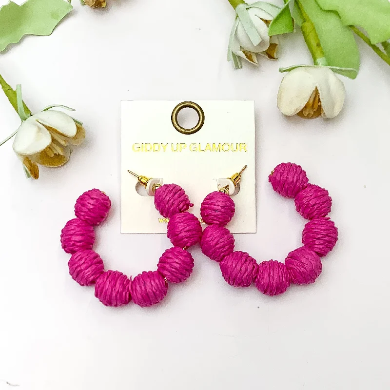 Hoop earrings with hearts for a sweet and romantic gesture-Sorbet Summer Raffia Ball Hoop Earrings in Hot Pink