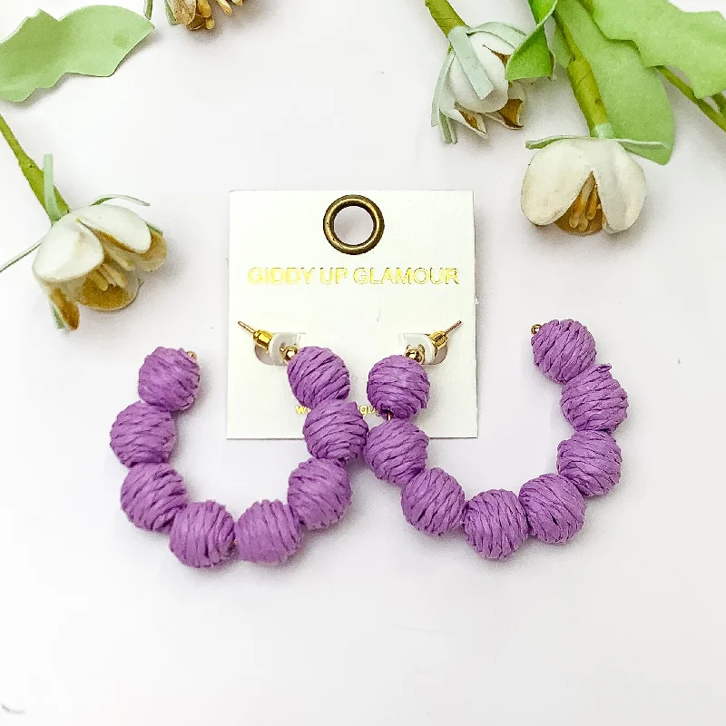 Best hoop earrings with twisted rope designs for a nautical-inspired style-Sorbet Summer Raffia Ball Hoop Earrings in Lavender Purple