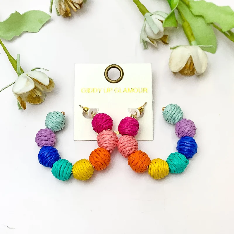 Best hoop earrings with detachable studs for a versatile and adjustable accessory-Sorbet Summer Raffia Ball Hoop Earrings in Multicolor