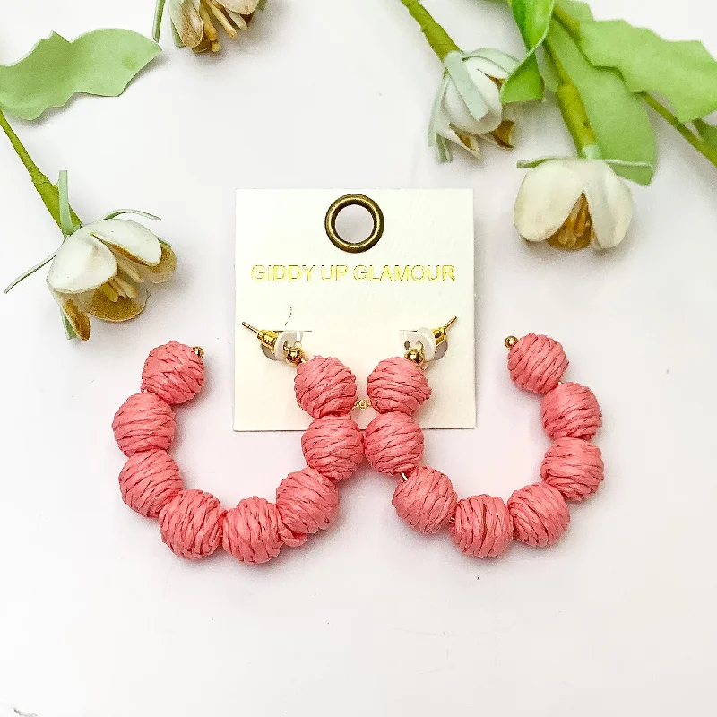 Best hoop earrings with matching bracelets for a coordinated jewelry set-Sorbet Summer Raffia Ball Hoop Earrings in Pink