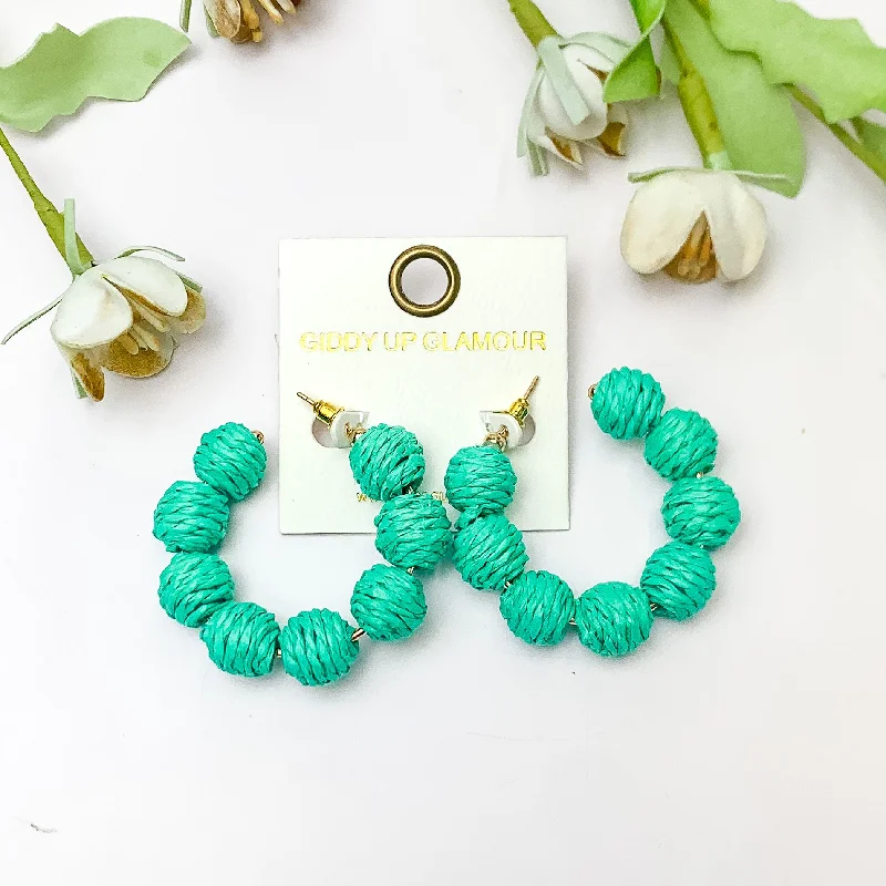 Best hoop earrings with multi-colored gemstones for a vibrant and lively touch-Sorbet Summer Raffia Ball Hoop Earrings in Turquoise Green