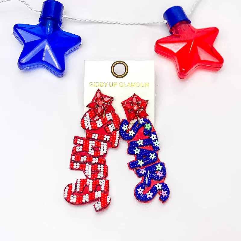 Hoop earrings with braided patterns for a detailed and textured finish-STARS & STRIPES Beaded Earrings with Red Crystals