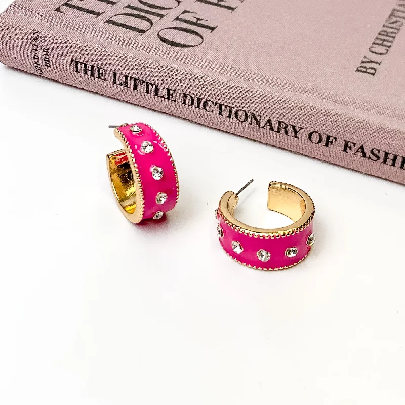 Hoop earrings with artistic filigree designs for an intricate, delicate finish-Surrounded By Starlight Small Gold Tone Hoop Earrings in Fuchsia Pink