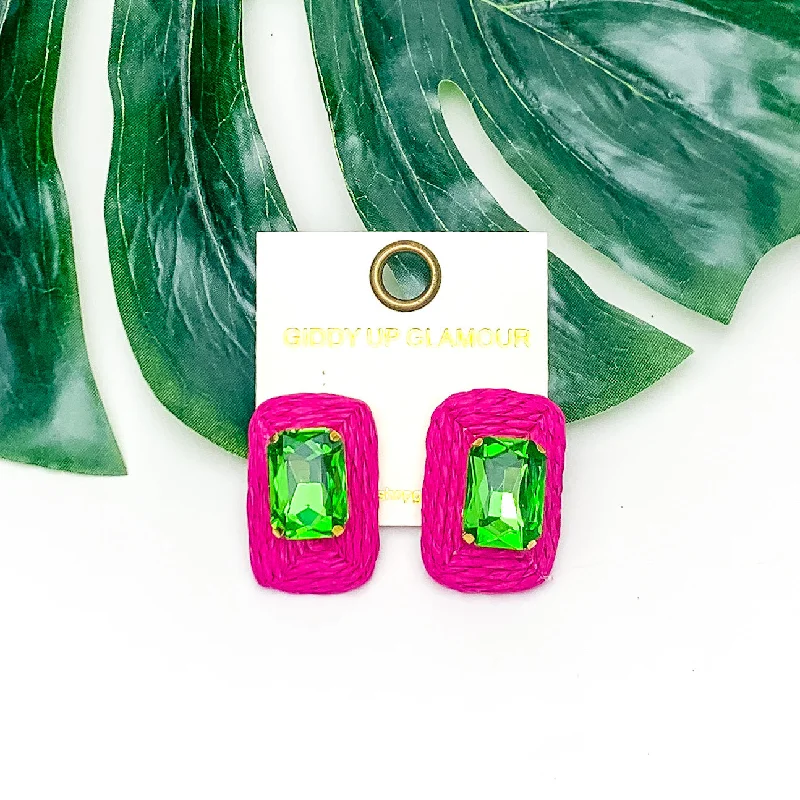 Best hoop earrings with geometric hexagon shapes for a modern, angular look-Truly Tropical Raffia Rectangle Earrings in Hot Pink With Green Crystal