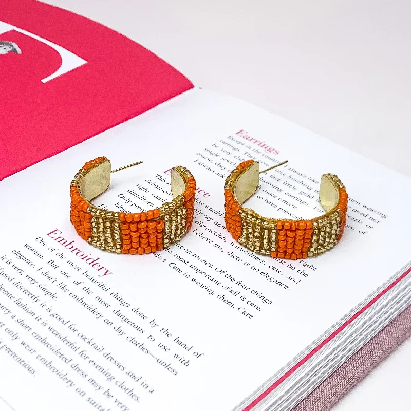 Hoop earrings with satin finishes for a smooth and elegant appearance-Vacay Era Gold Tone Beaded Hoop Earrings in Orange