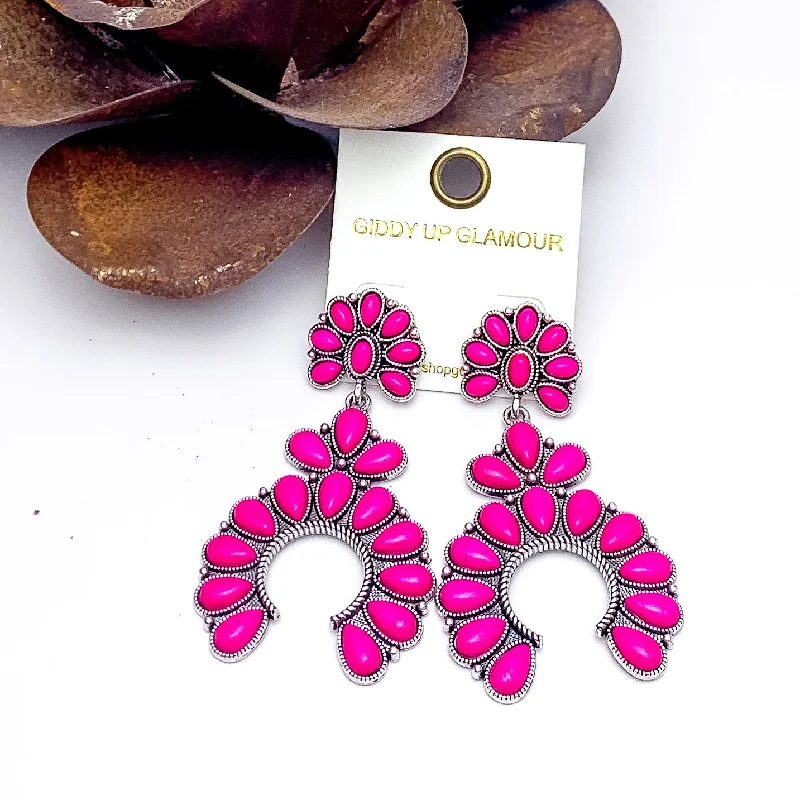 Hoop earrings with hammered copper for a warm and rustic aesthetic-Western Naja Earrings in Silver Tone with Fuchsia Pink Stones