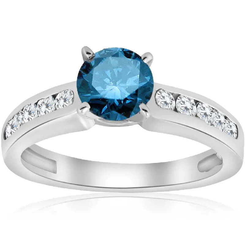 Rings with polished onyx for sleek contrast -1 1/2 ct Blue Diamond Engagement Ring 14K White Gold Channel Set