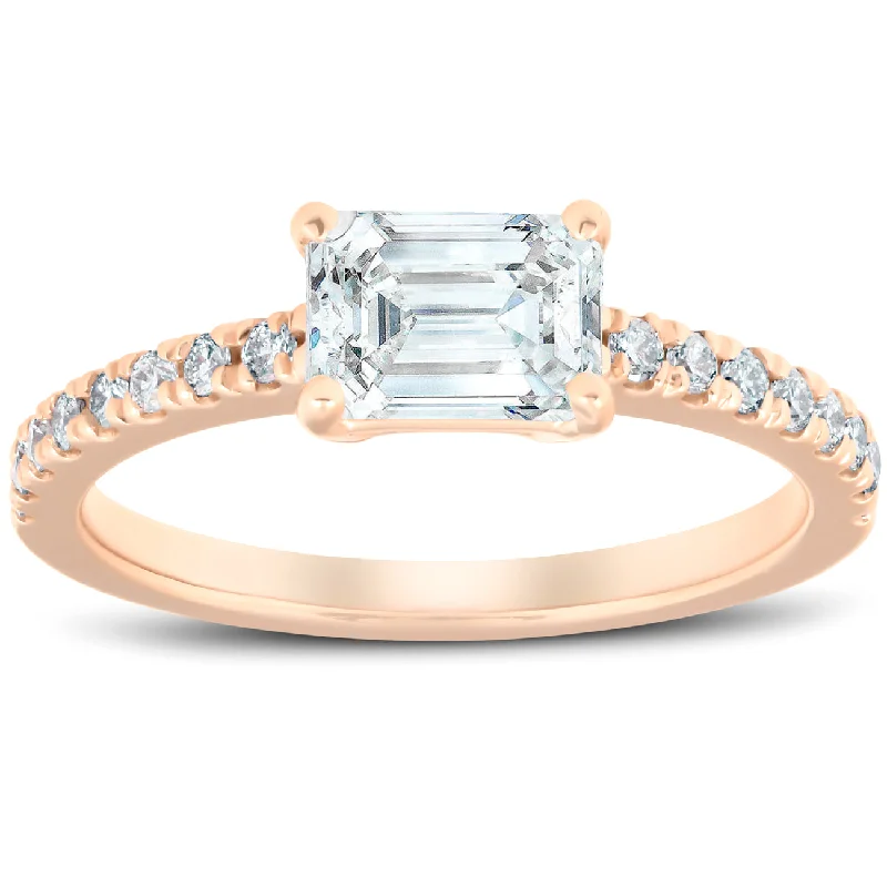 Rings with shield-shaped stones for boldness -1 1/2Ct Sideways Emerald Cut Moissanite & Diamond Engagement Ring 14k Rose Gold