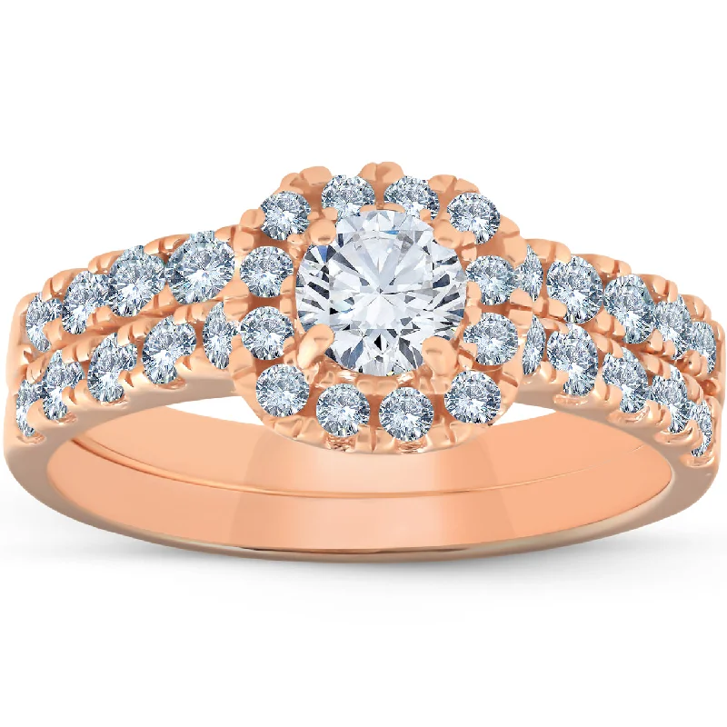 Rings with floral halo diamond arrangements -1 1/4 Ct Diamond Cushion Halo Engagement Wedding Ring Set 14k Rose Gold