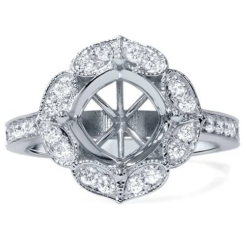 Vintage rings with engraved floral band designs -1/2ct Antique Halo Diamond Engagement Ring Setting 14K White Gold