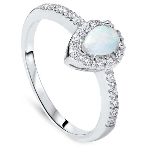 Rings with carved turquoise for artistic flair -1/2ct Pear Shape Opal & Diamond Halo Ring 14K White Gold