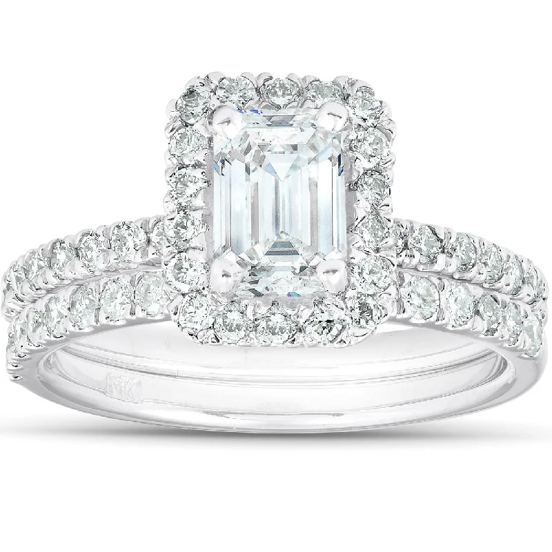 Rings with oxidized bands for vintage edge -1 3/4 Ct Emerald Cut Diamond Halo Engagement Wedding Ring Set 14k White Gold