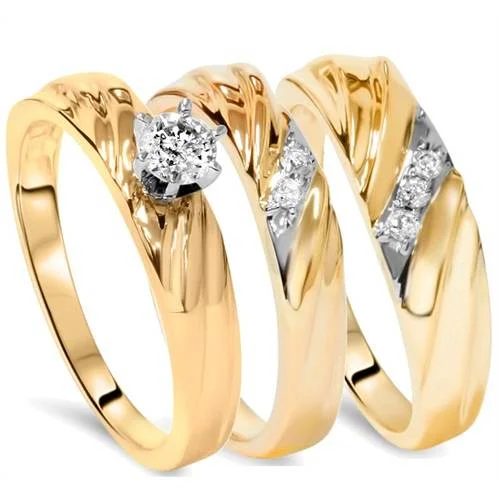 Rings with shield-shaped stones for boldness -1/3ct Diamond Engagement Trio Wedding Band Set 14K Yellow Gold