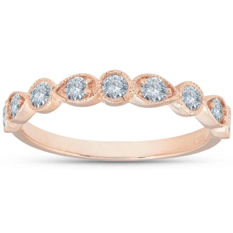 Rings with birthstone clusters for personalization -1/3Ct Diamond Wedding Ring Womens Stackable 14k Rose Gold Anniversary Band