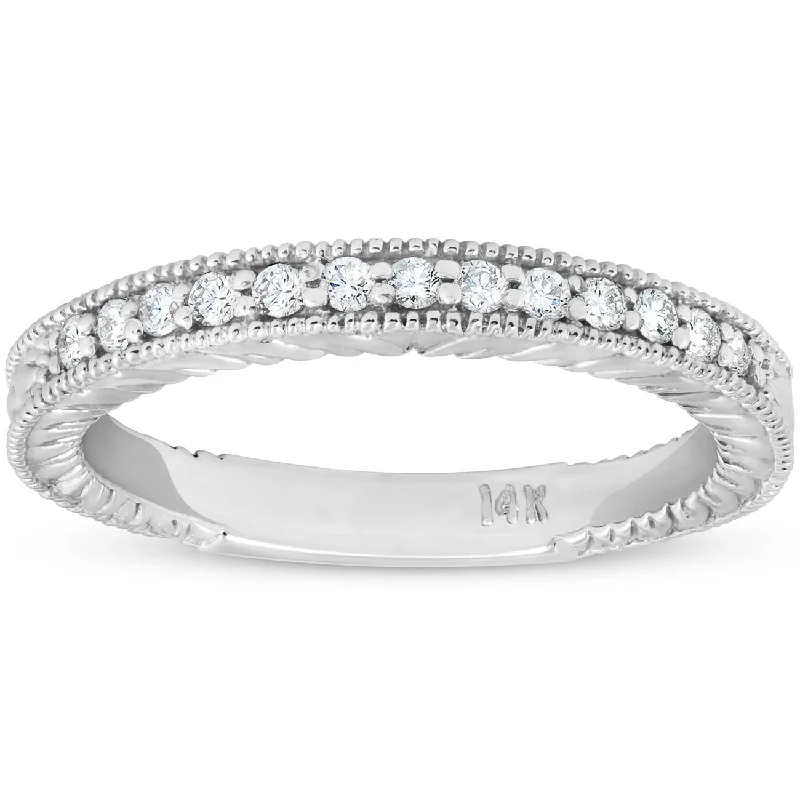 Vintage rings with engraved floral band designs -1/5ct Diamond Vintage Womens Wedding Ring Stackable 14k White Gold Band