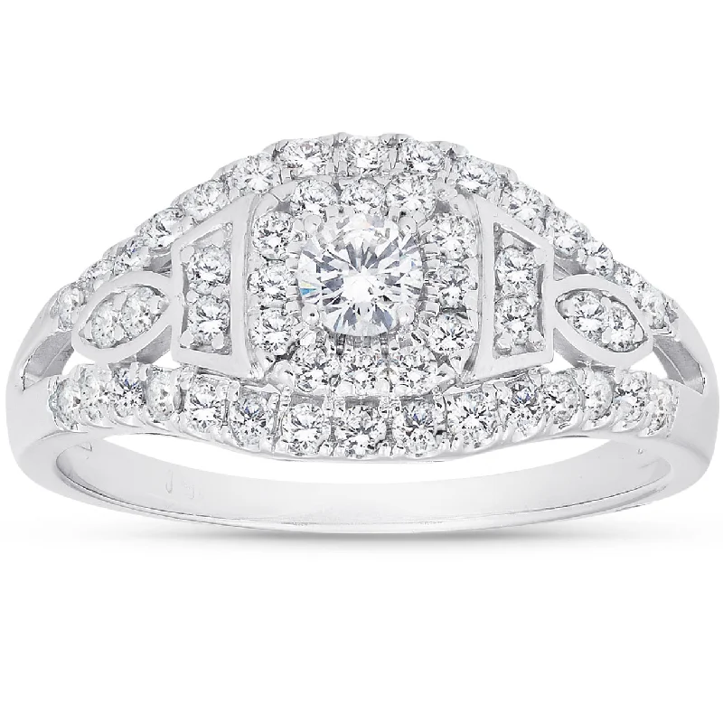 Rings with floral halo diamond arrangements -1 Ct Diamond Halo Multi Row Engagement Ring 10k White Gold