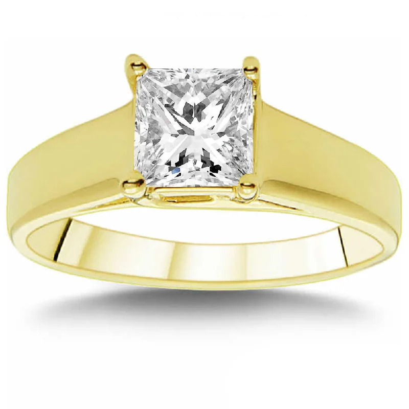 Vintage rings with engraved floral band designs -1 CT Princess Cut Diamond Solitaire Engagement Ring 14k Yellow Gold