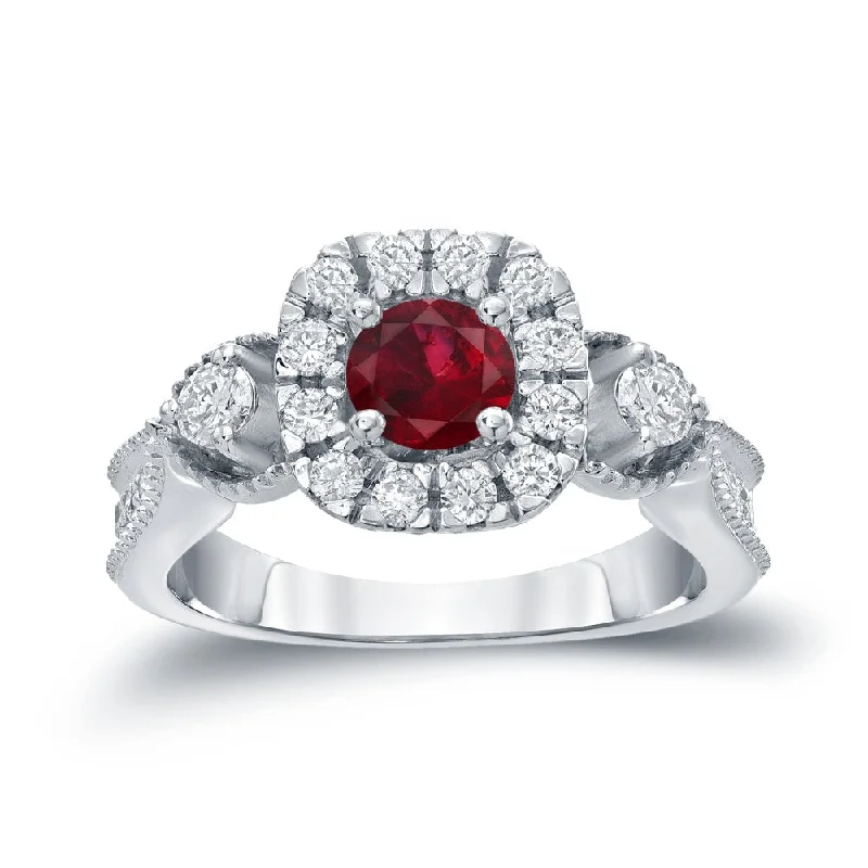 Rings with engraved constellations for stargazers -14k Gold Round 1/2ct Ruby and 1/2ct TDW Diamond Halo Engagement Ring