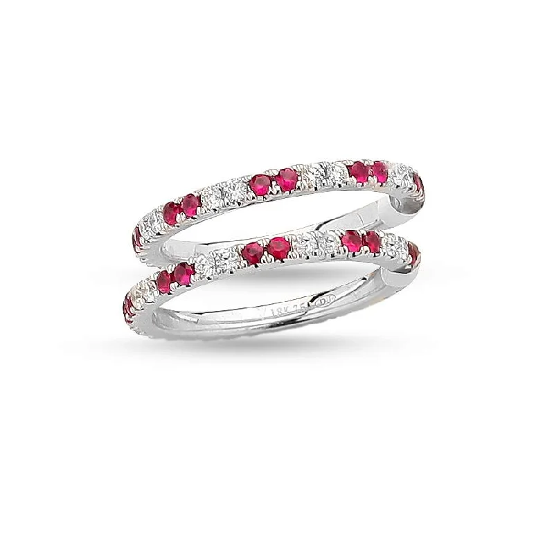 Rings with peacock ore for iridescent glow -18KT WHITE GOLD DIAMOND AND RUBY ETERNITY RINGS