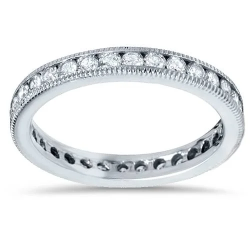 Rings with floral halo diamond arrangements -1ct Channel Set Diamond Eternity Ring 14K White Gold