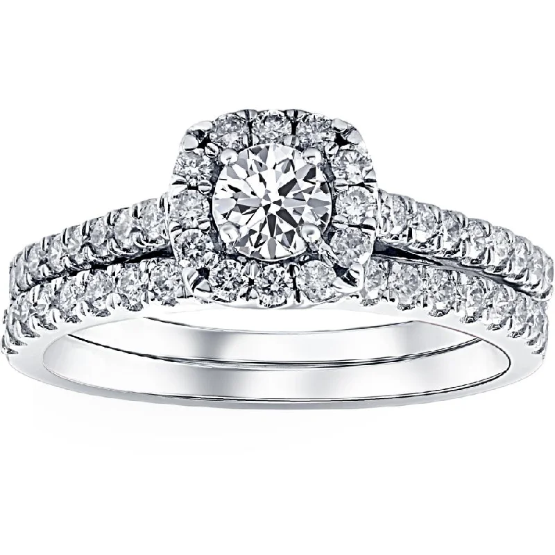 Rings with engraved constellations for stargazers -1ct Cushion Halo Diamond Engagement Wedding Ring Set 14K White Gold