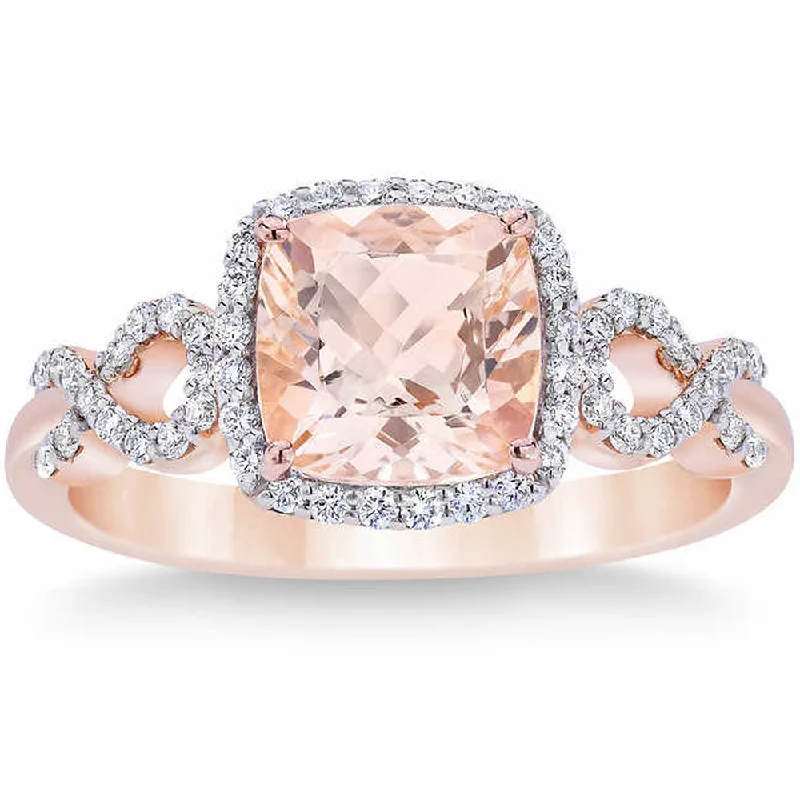 Rings with black diamond for striking contrast -2 1/2 Ct Diamond & Morganite Cushion Halo Ring 10k Rose Gold Lab Grown