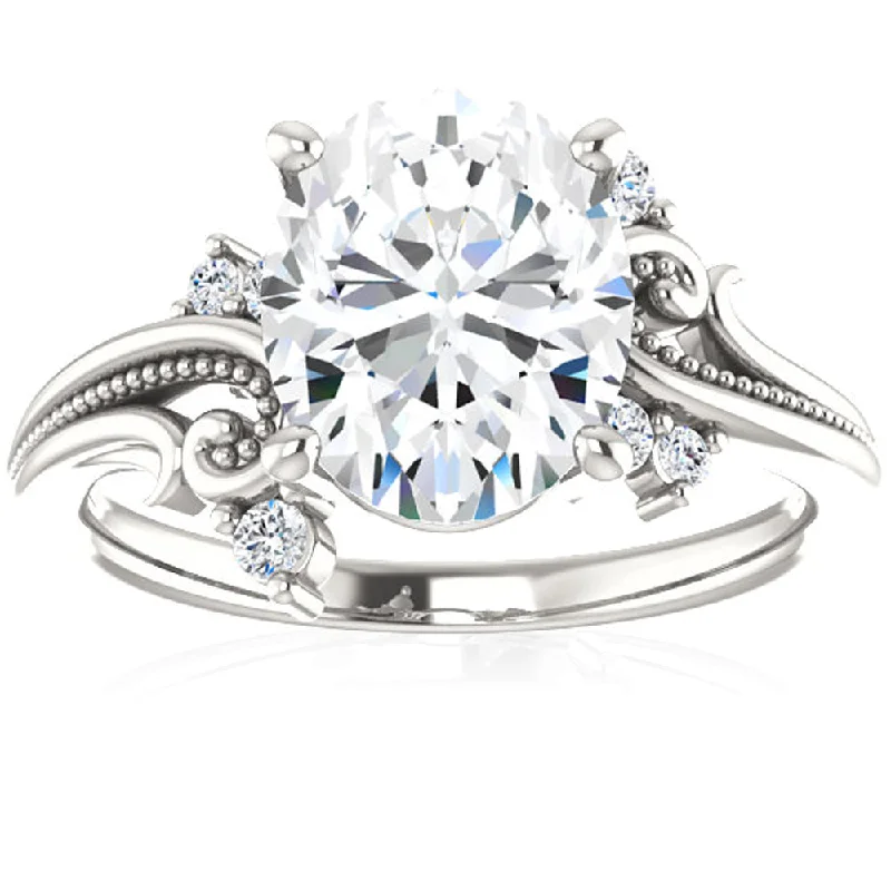 Dainty rings with subtle engraved star motifs -2 1/5 Ct Oval Moissanite & Lab Grown Diamond Engagement Ring 14k White Gold