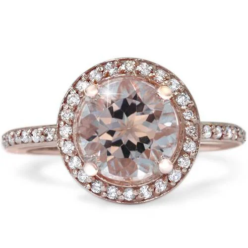 Rings with vintage claw prongs for elegance -2ct Morganite & Diamond Halo Vintage Antique Engagement Ring 14K Rose Gold