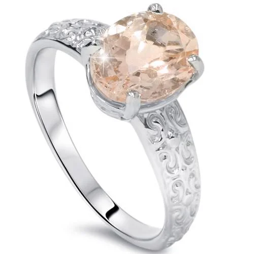 Rose gold rings featuring delicate pearl inlays -2ct Oval Morganite Vintage Ring 14K White Gold